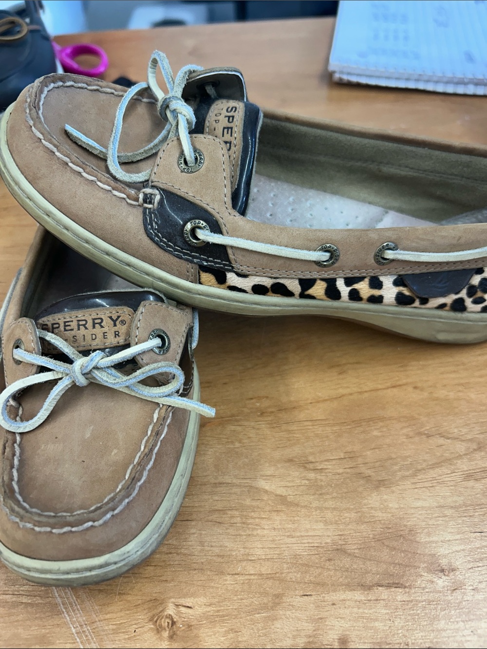 Sperry Two-Tone Tan Boat Shoes with Leopard Accent
